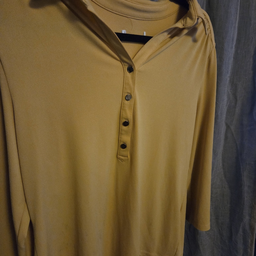 Mustard Gold Collared Henley Top 3/4 Sleeve Button Front Blouse